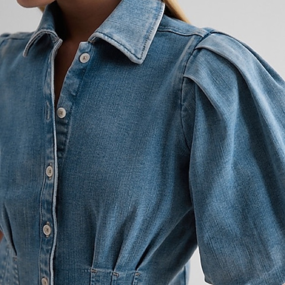 bagatelle Blue Denim Button-Down Puff Sleeve Shirt NWT - Picture 4 of 8